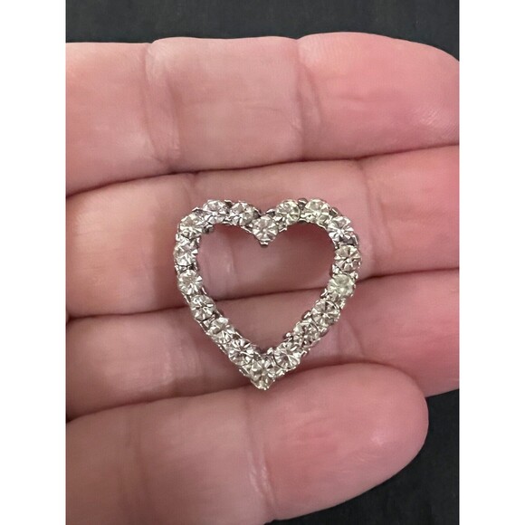 Vintage Open Heart Love Pendant Crystal Clear Stones Silvertone Unmarked - Picture 1 of 13